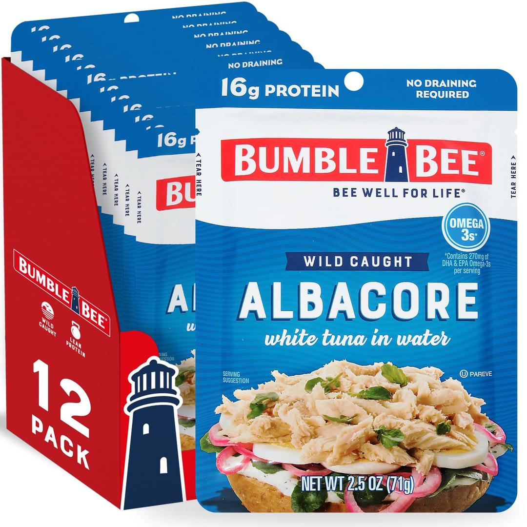Bumble Bee Chunk White Albacore Tuna in Water, 2.5 oz Pouches (Pack of 12) - Ready to Eat Wild Caught Tuna Packet - 16g Protein per Serving, High in Omega-3s - Non-GMO, Gluten Free, Kosher, BB Date: Apr 2028