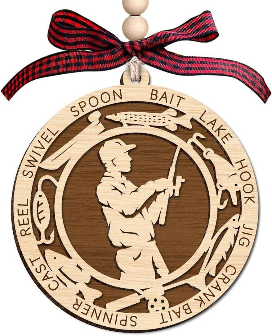 Fishing Man Wooden Ornament 2 Layer - Christmas Tree Hanging Decoration - Rustic Farmhouse Holiday Ornament - Double Layer Wood Ornament for Male Fishing Enthusiast Seasonal Decoration