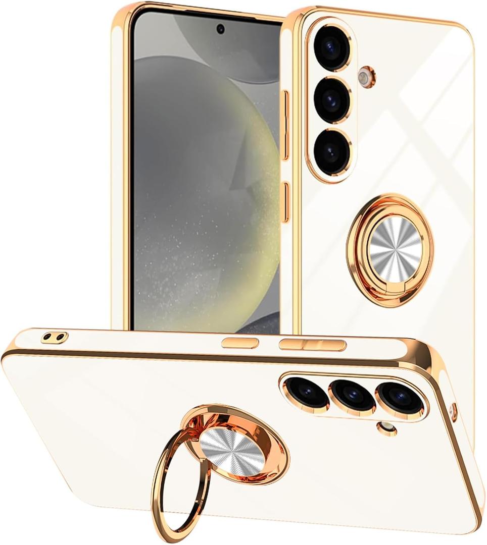Tnarru Designed for Samsung Galaxy S25 Case with Ring Stand, Support Magnetic Car Mount Rotatable Finger Holder Soft TPU Cover Plating Edge Protective Slim Phone Case for Galaxy S25 White