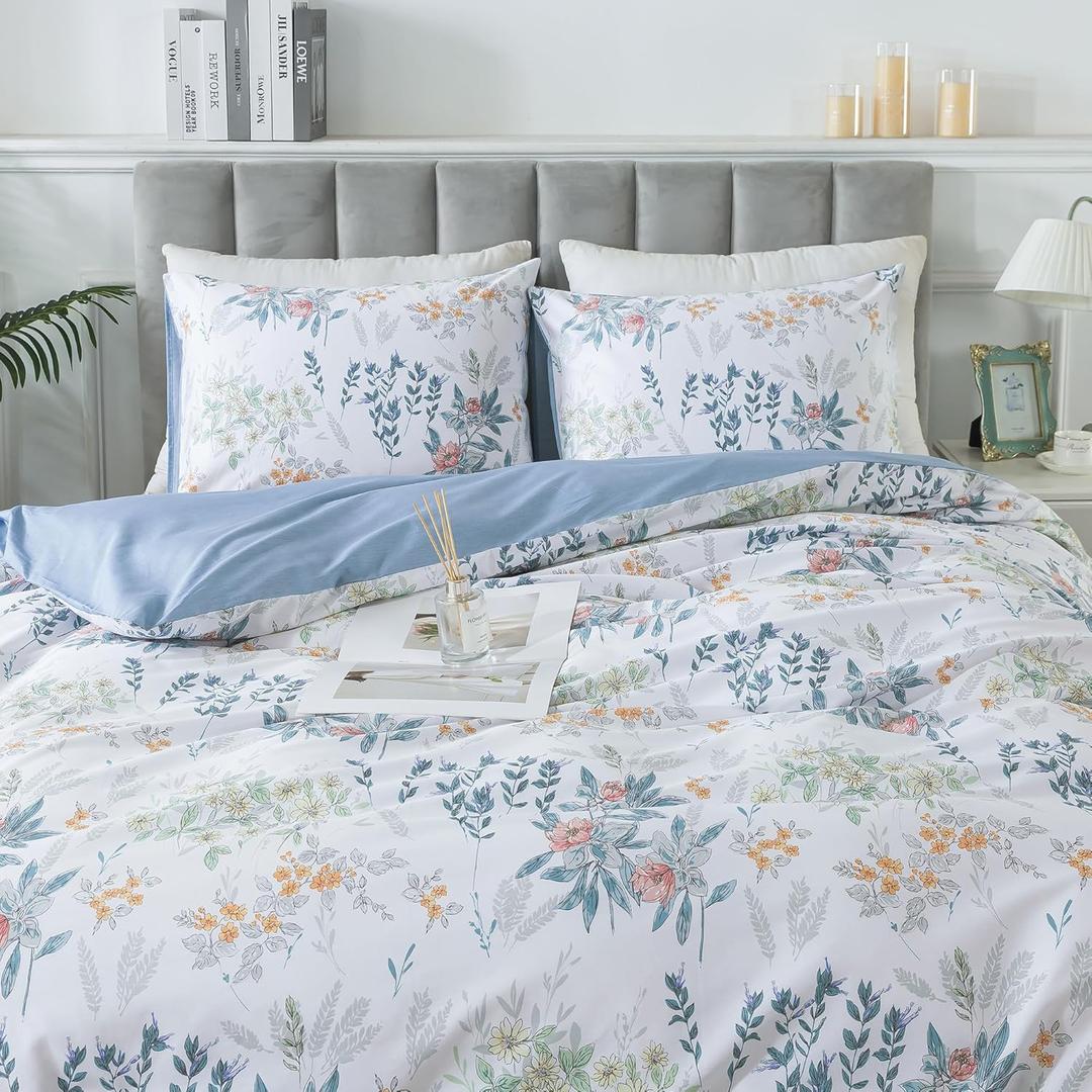 HoneiLife Floral Duvet Cover Queen - 100% Cotton Comforter Cover, Botanical Bedlinen Set with Zipper Closure & Corner Ties, 3-pcs Wildflower Comforter Cover Sets (Queen/Full-90"x 90", Blue Garden)