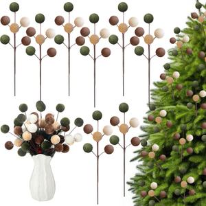 8 Pcs Velvet Christmas Picks 14'' Neutral Christmas Tree Decor Brown Beige Green Ball Pick Ornaments Velvet Spheres Tree Decoration Xmas Branches Hanging Home Decoration Wreath Party Ornament