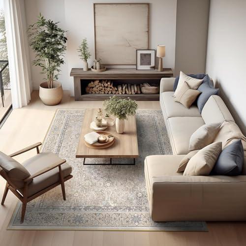 Ashler Boho Area Rug, 6x9 Vintage Carpet for Living Room, Bedroom, Kitchen, Dinner - Beige/Natural/Light Coffee Home Decor - Non-Slip & Machine Washable, Large Size CMC1