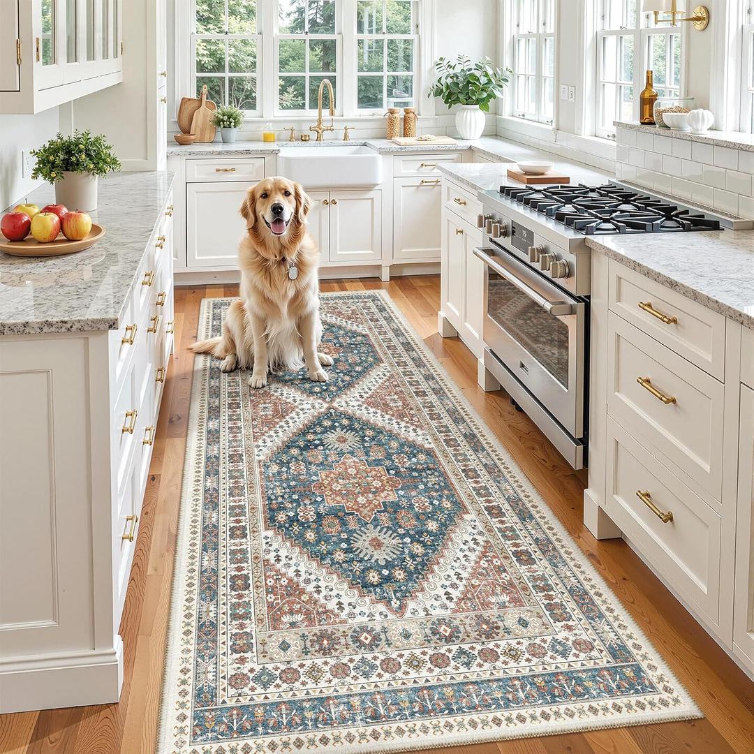 Madane Hallway Runner 3x8, Kitchen Rugs Washable Entryway Rug Vintage Kitchen Runners Non Slip Indoor Area Rug Farmhouse Carpet Runner for Bathroom Living Room Bedroom (3 X 8, Navy Blue)