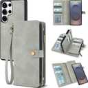 TwoHead for Samsung Galaxy S25 Ultra Wallet Case with Card Holder, Detachable Magnetic Phone Case for S25 Ultra,PU Leather All-Round Protective Phone Case Wallet with Wrist Strap(6.9 in,Gray)