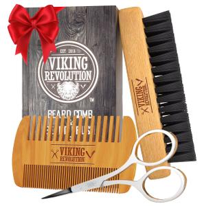 Viking Revolution Beard Comb & Beard Brush Set for Men -- Natural Boar Bristle Brush and Dual Action Pear Wood Comb w/Velvet Travel Pouch - Great for Grooming Beards and Mustaches