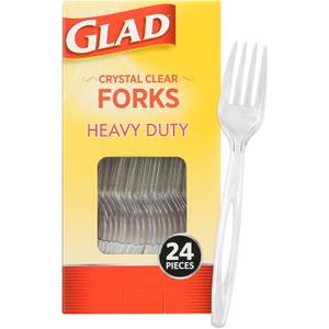 Glad Clear Heavy Duty Plastic Forks, Reduced-Plastic Open Handle, Break-Resistant Disposable or Top-Rack Reusable Cutlery for Parties, Camping & Everyday Meals, Standard Size, 24 Count
