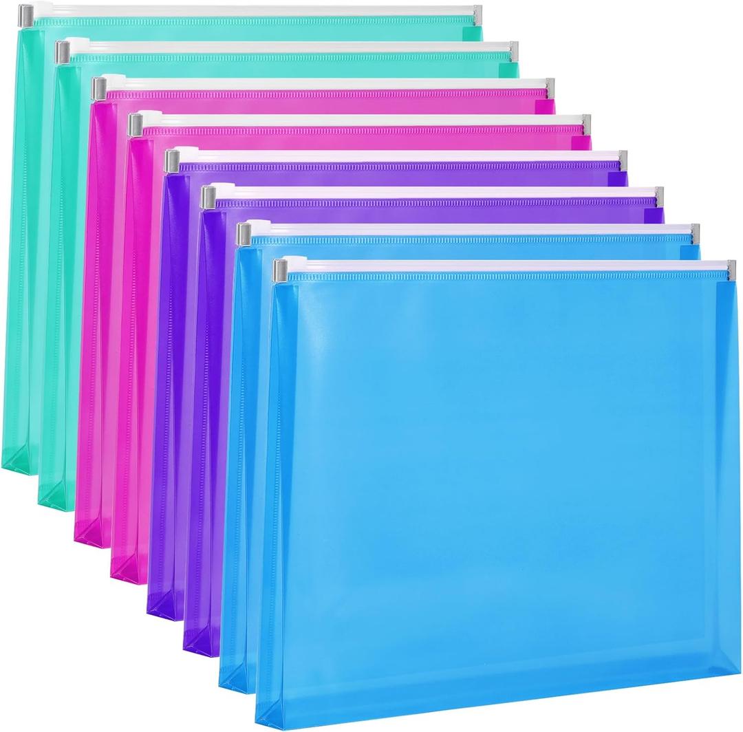 EOOUT 8pcs Plastic Envelopes, Poly Zip Envelopes, Letter Size, Expanding Plastic Envelopes with Zipper, 9.8 x 12.8 Inches, 4 Assorted Colors, for School and Office Supplies