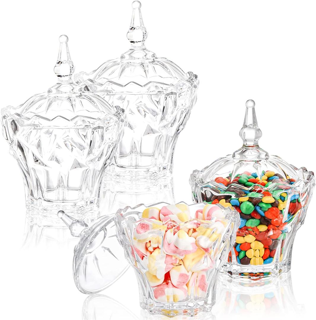 DEAYOU 4 Pack Decorative Candy Jars, Glass Candy Dish with Lid, Crystal Diamond Glass Jar, Small Covered Cookie Jar Sugar Bowl, Clear Biscuit Barrel, Vintage Food Storage Jar for Desk, 9 OZ