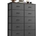 Sweetcrispy 10 Drawer Dresser, Tall Fabric Dresser for Bedroom, Storage Tower with Bins Chest Organizer Unit for Closet, Hallway, Steel Frame Wood Top, Easy Pull Handle, Grey
