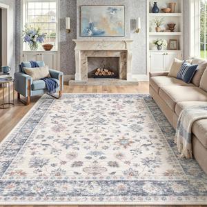 HUGEAR Area Rug 8x10 Vintage Blue Machine Washable Living Room Rugs Distressed Retro Floral Vacuumable Low Pile Carpet Bedroom Office Dining Farmhouse Playroom Non Slip