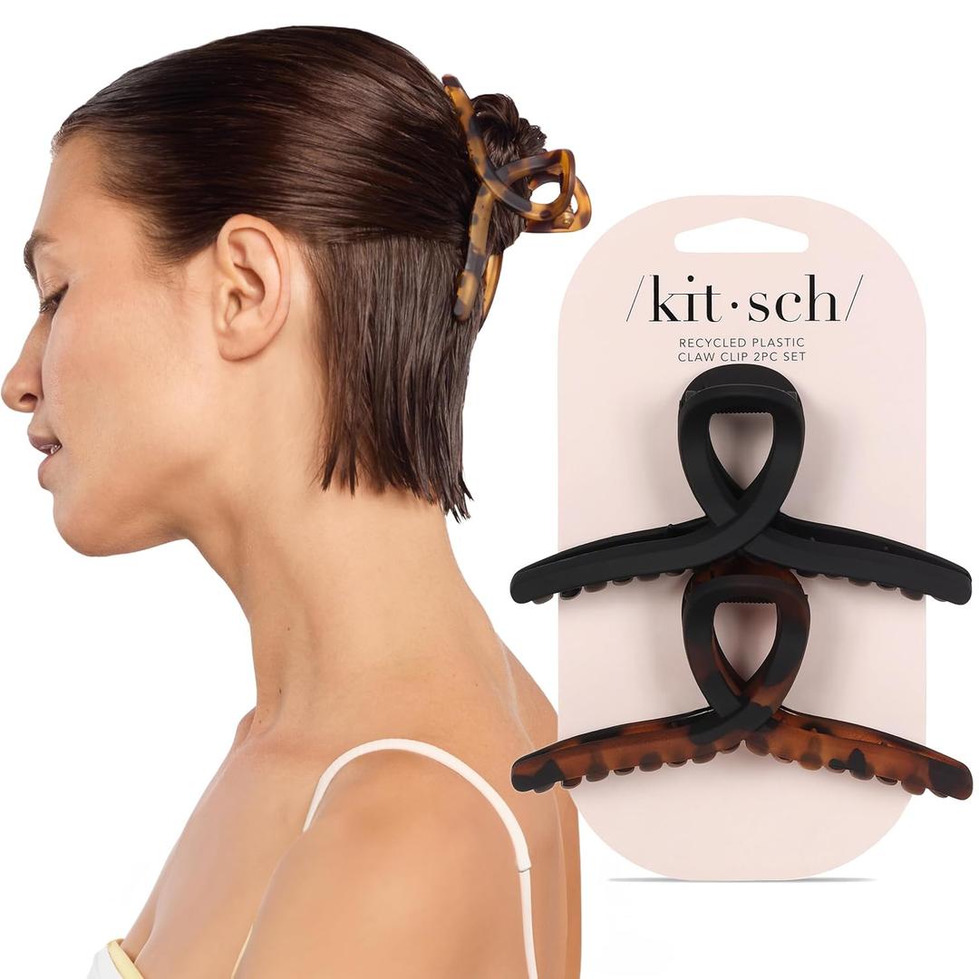 Kitsch Large Hair Clips for Women - Fashionable Loop Hair Claw Clips | Matte Plastic, Easy-Grip | Perfect for Everyday Use & Special Occasions - Tortoise & Black, 2 Pcs