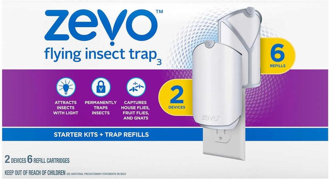 Zevo Flying Insect Trap, Fly Trap, Fruit Fly Trap (2 Plug-in Bases + 6 Refill Cartridges)