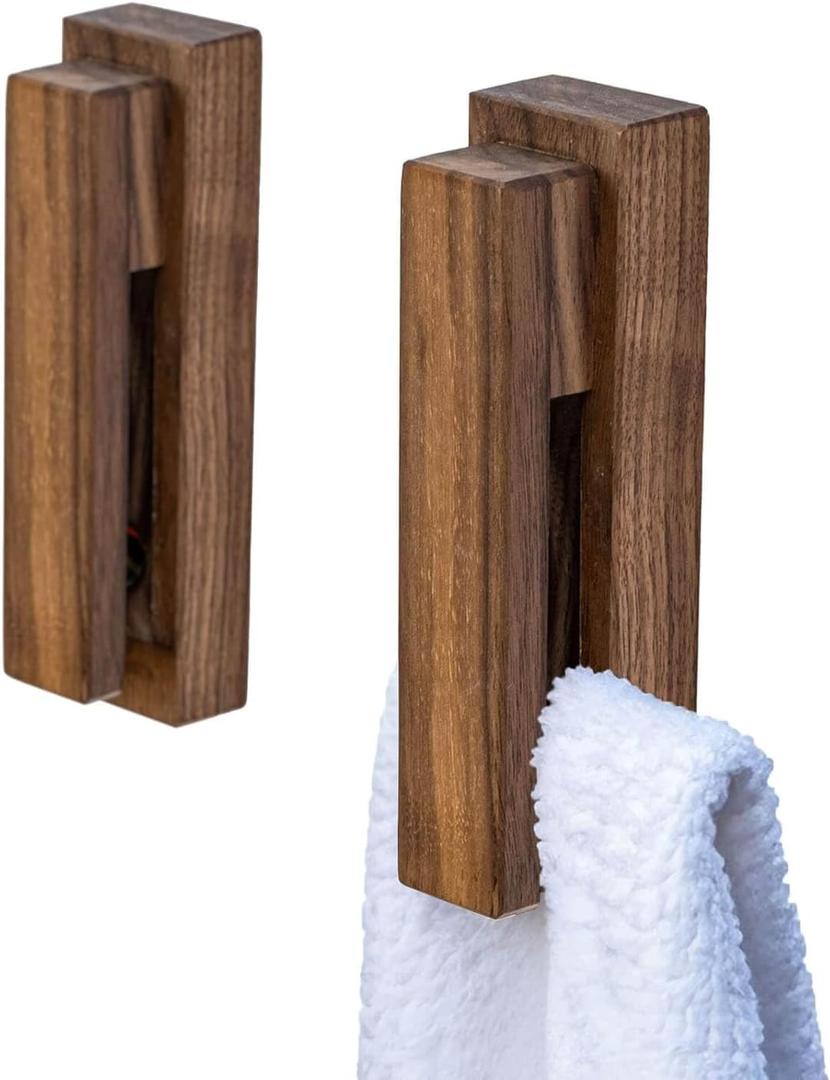 Wood Towel Hooks -Set of 2 Self Adhesive Vintage Towel Holder Wooden Wall Mounted Towel Racks for Bathroom and Kitchen Home Decor- Quick Drying, Firmly Holds Towel(Walnut)