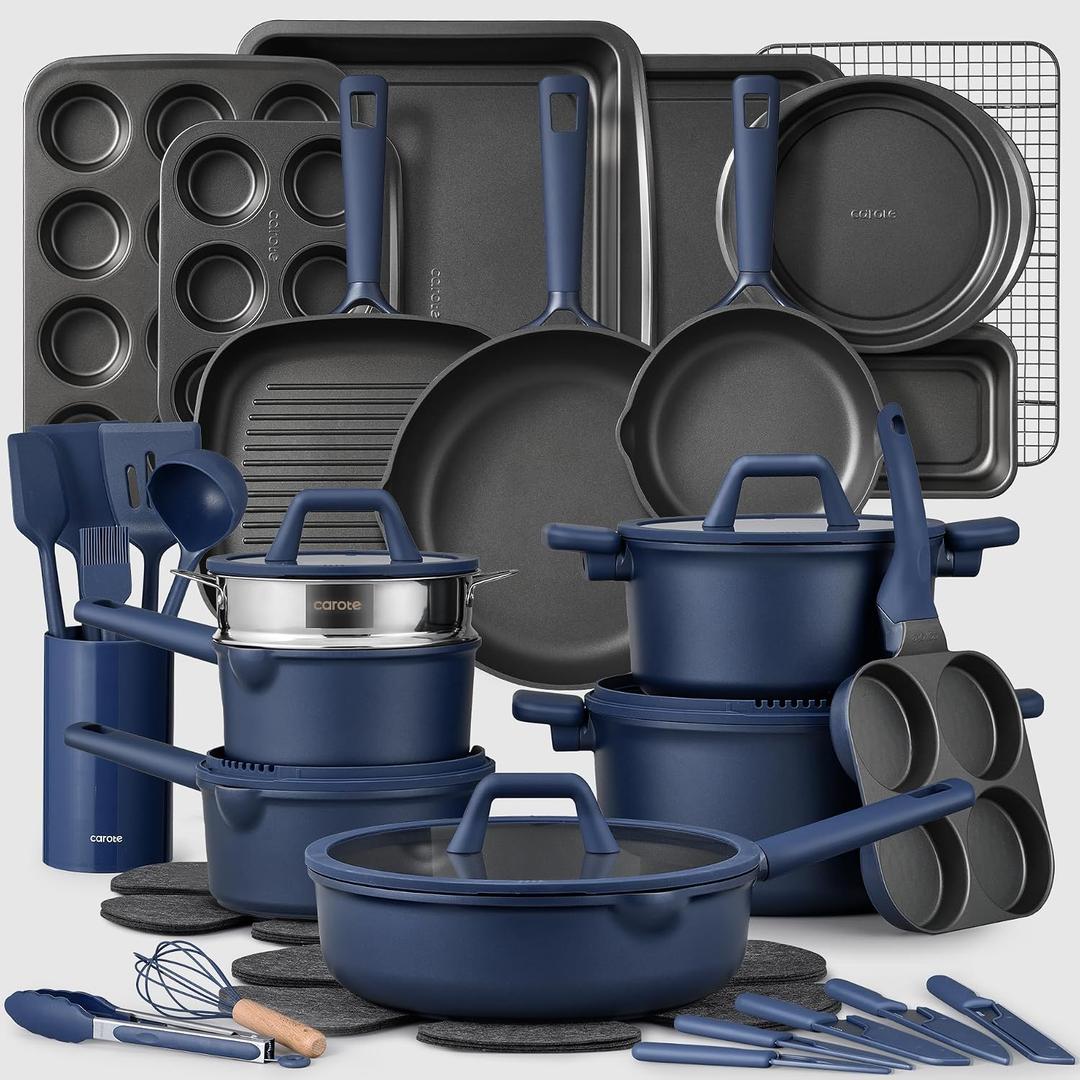 CAROTE 49pcs Pots and Pans Set, Nonstick Cookware Set with Bakeware
Induction Kitchen Set with Silicone Lids, Easy Food Release, All-Stovetop Compatible, with Knife Set, Blue