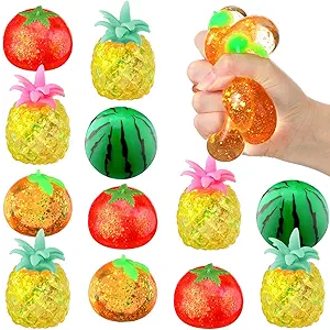 Meooeck 12 Pcs Fruit Stress Relief Toys Watermelon Orange Stress Balls Fidget Toys for Adults Relief Mini Squeeze Fruit Party Favors Cute and Fun for Birthday, Summer, Office, Stuffer Gift