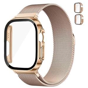 Magnetic Band and Case for Apple Watch Ultra/ 2 Band 49mm 46mm 45mm 44mm 42mm 41mm 40mm 38mm Women/ Men, Stainless Steel Milanese Loop Bracelet Strap with Cover Combo iWatch series 10 9 8 7 6 5 4 3 SE