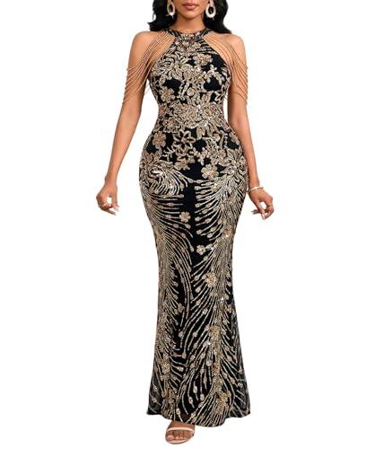 Cololura Women Sexy Elegant Sequin Tassel Off Shoulder Halter Bodycon Party Evening Gown Maxi Dress, L