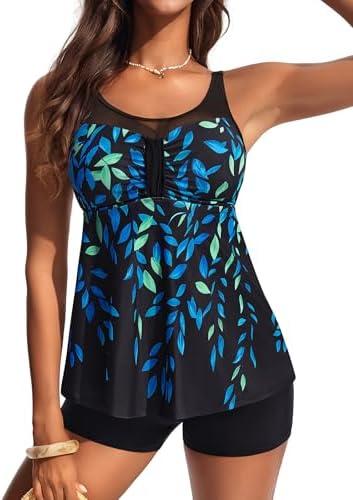 Hanna Nikole Women Two Piece Tankini Swimsuit Modest Bathing Suit Mesh Flowy Swim Top with Tummy Control Boy Shorts