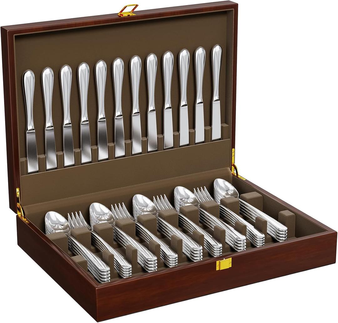 Walnut Silverware Storage Box,Silverware Flatware Case with Felt Lined,Silverware Chest without Silverware,Silverware Organizer with Lid,Flatware Storage Box for 12 sets of Utensils,Christmas Gifts