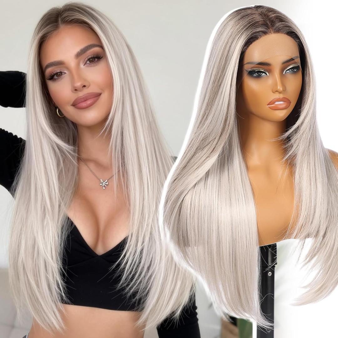 KOMEBeginner Friendly Wigs Platinum Blonde Synthetic Lace Front Wig,T Part Pre Cut Glueless Long Straight Layered Wigs for Women Cosplay Daily Use 26IN(#TT6/4603)