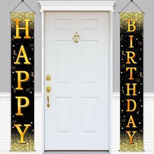 Happy Birthday Banner, Black Gold Birthday Porch Sign - 71x12 Inch Birthday Party Decorations for Men, Women, Boys & Girls, Photo Booth Backdrop
