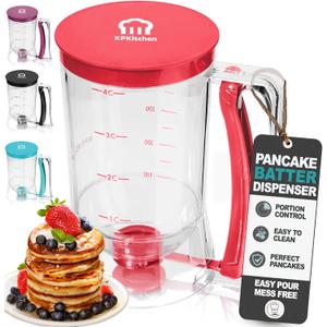 Pancake Batter Dispenser - Kitchen Must Have Tool for Perfect Pancakes, Cupcake, Waffle, Muffin Mix, Cake & Crepe - Easy Pour Baking Supplies for Griddle - Pancake Maker with Measuring Label (Red)
