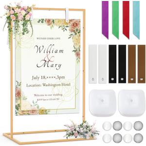 50" X 30" Adjustable Wedding Sign Stand, Linen Sign Stand, Gold Welcome Sign Holder Metal Easel With 6 Leather Hanging Strap 2 Square Water Bag 4 Magnetic Counterweight 4 Ribbon, Party Poster Display