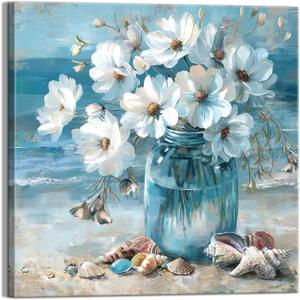 YUEYARIT Bathroom Decor Beach Wall Art Ocean Theme Blue Picture Canvas Print Modern Coastal Artwork Framed Hanging Dining Office Living Room, Vase, 20"L x 20"W