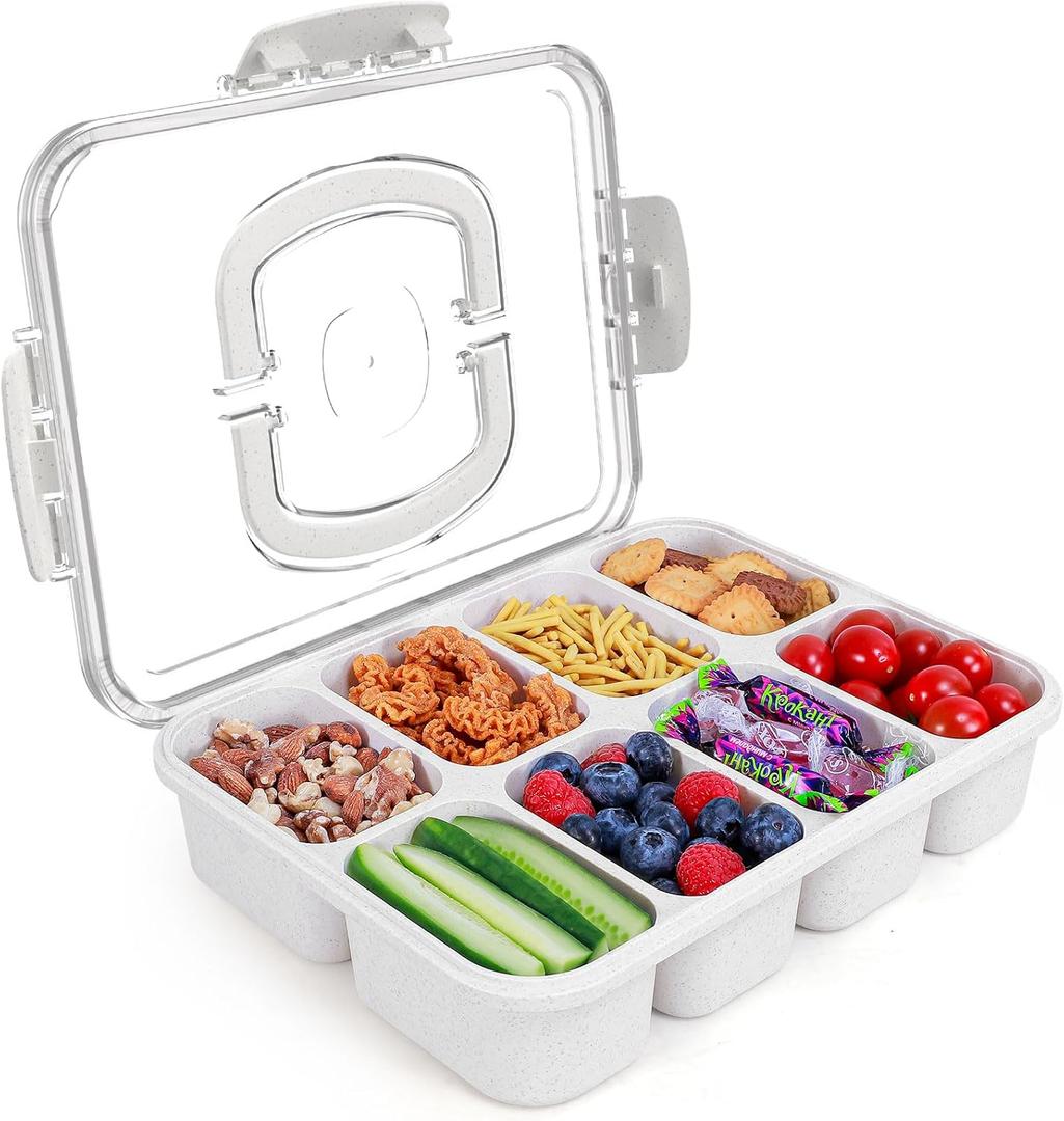 Snackle Box Container, Large 8-Compartment Divided Serving Tray with Lid and Handle, Portable Snack Tray for Travel Party Beach Picnic, Dishwasher Safe, BPA-Free, Wheat Straw
