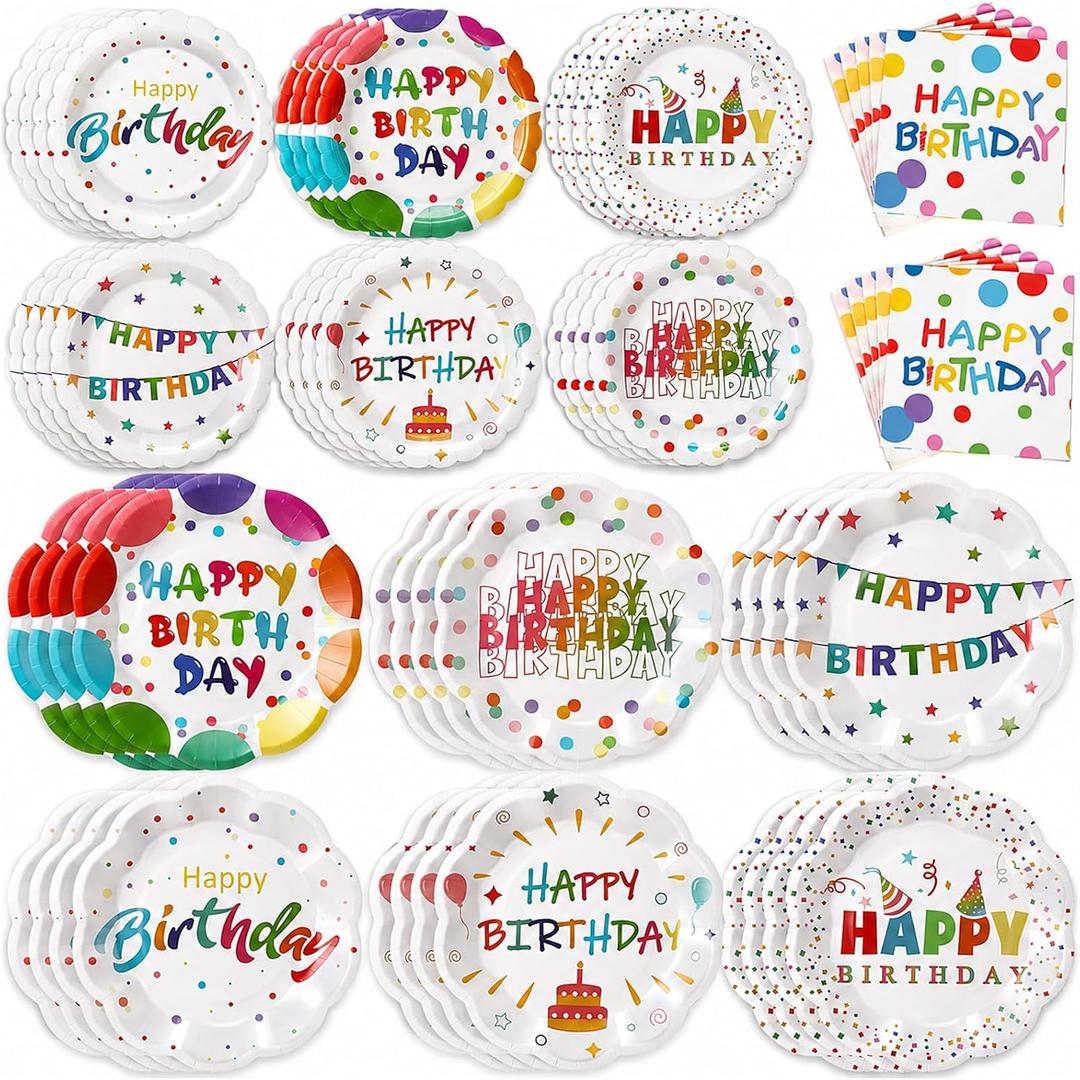144 Pcs 48 Guests Happy Birthday Party Plates and Napkins 7/9 Inch