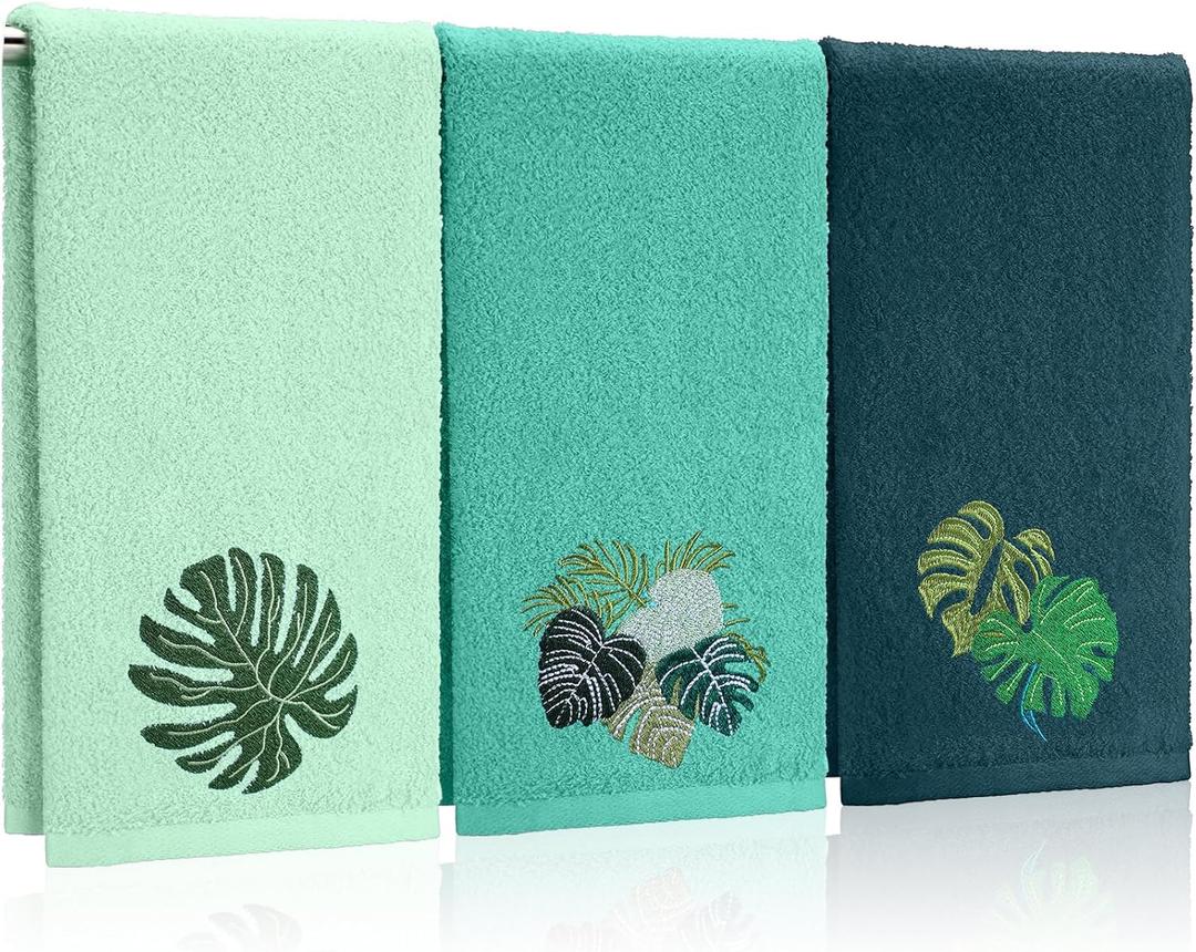 3 Pack Tropical Palm Leaves Hand Towels for Bathroom 100% Cotton Embroidered Bathroom Towels 13.78 x 29.53 Inch Beach Hand Towels Absorbent Soft Cotton Towel (Green, Monstera Leaves)