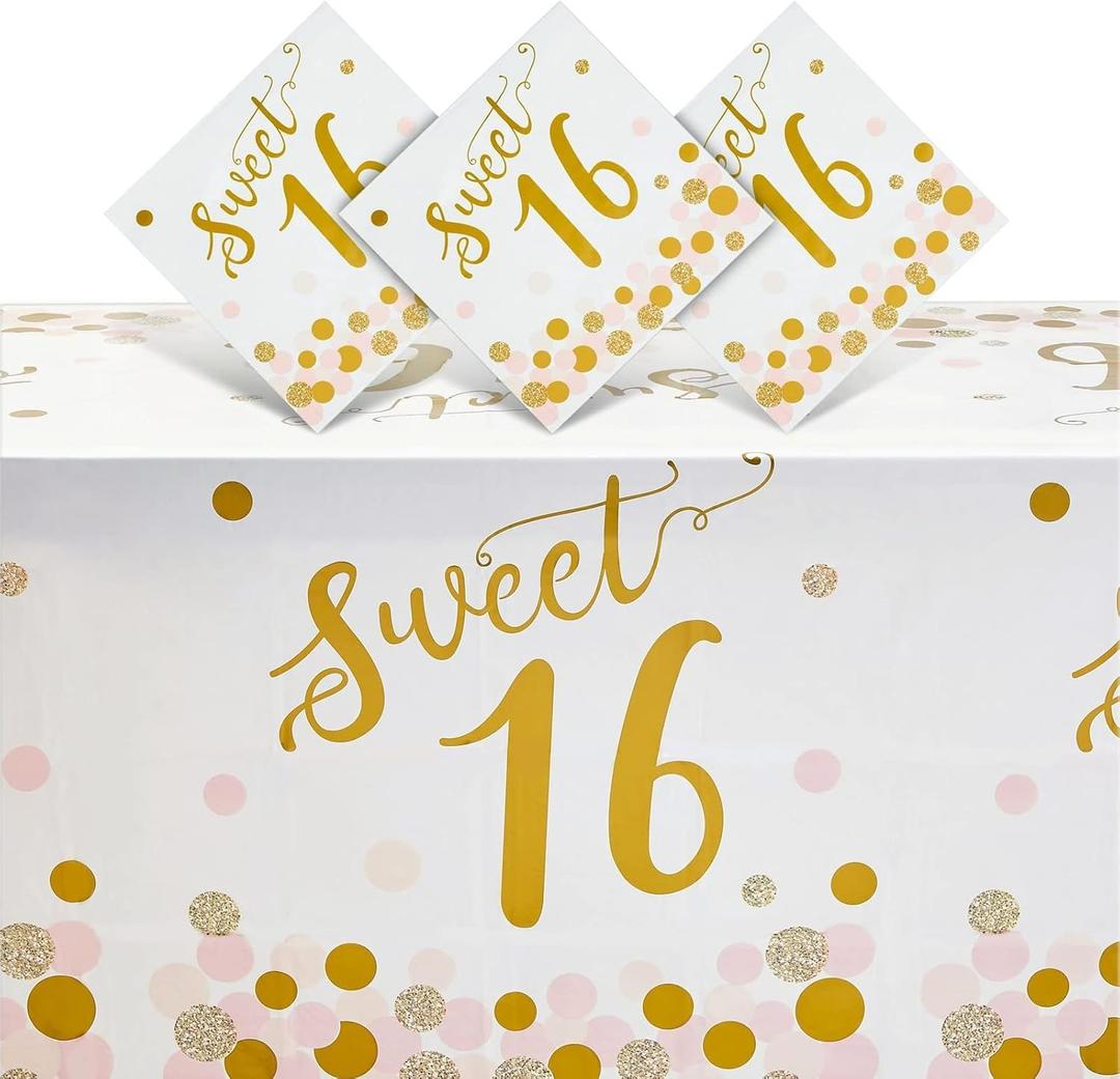 BLUE PANDA 3 Pack Sweet 16 Tablecloth for Girl 16th Birthday Party Decorations (54 x 108 in) - Birthday Tablecloth