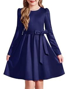 Arshiner Girls Dresses Puff Long Sleeve Fall Winter Formal Party Belted Dress with Pockets 6-14Y (11-12 Years, Navy Blue)