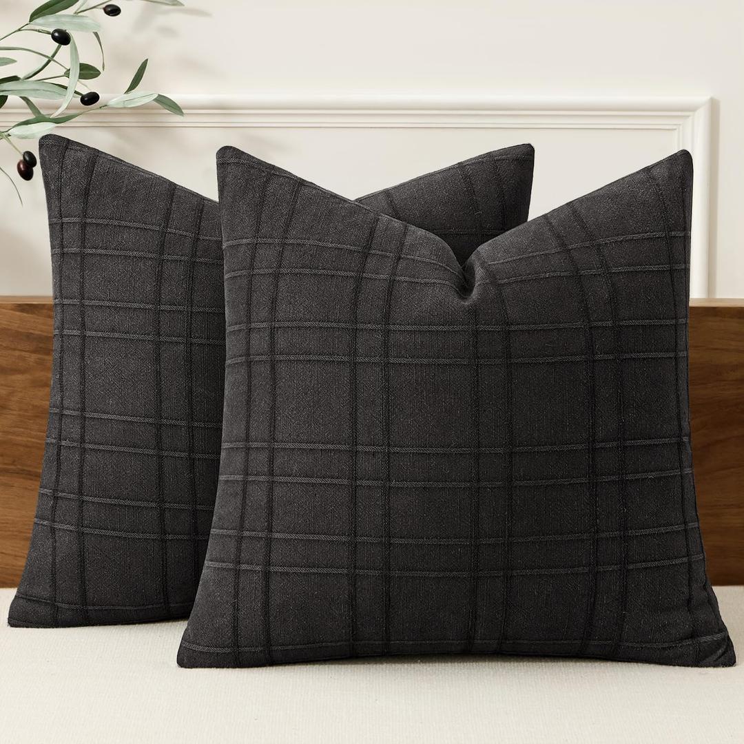 MIULEE Decorative Linen Check Throw Pillow Covers Neutral Farmhouse Vintage Pillow Covers 20x20 Set of 2 Boho Modern Home Decor for Sofa Couch Bedroom Cushion Black