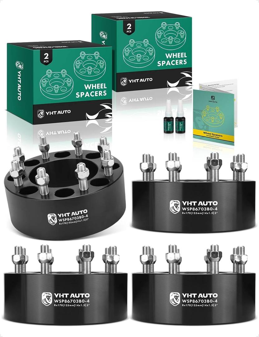 YHTAUTO 8x170mm Wheel Spacers 3 Inch Compatible with 2003-2005 Ford Excursion, Tire Spacers w/ M14x1.5 & 12.9 Grade Studs, 125 mm Center Bore 8 Lug 4PCS Black