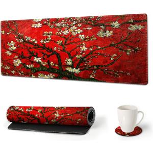 ArtSo Large Gaming Mouse Pad Extended Desk Pad XL Keyboard Mat Long Mousepad Decor Writing Pad 31.5x11.8inch Non Slip Rubber Base with Stitched Edges for Work, Game -Red Painting