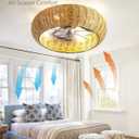 FELCO 20" Boho Bedroom Fandelier Ceiling Fan with Light and Remote, Low Profile Bohemian Woven Caged Flush Mount Ceiling Fan Light for Indoor, Covered Outdoor, Quiet DC Motor 6-Speed Reversible