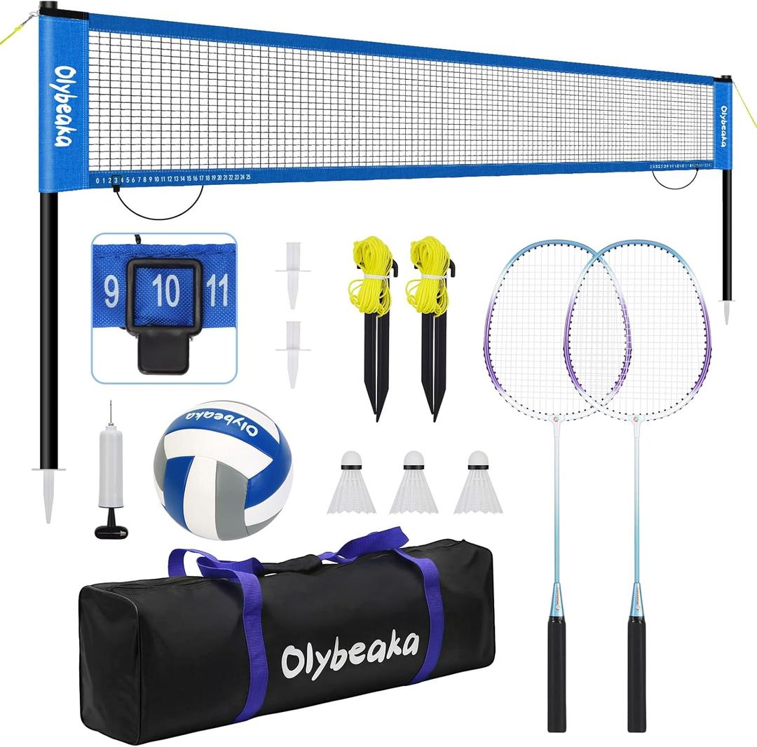 20ft Outdoor Volleyball & Badminton Combo Net Set for Backyard Beach with Adjustable Poles, Durable Anti-Sag Net, PU Volleyball, 2 Aluminum Rackets
