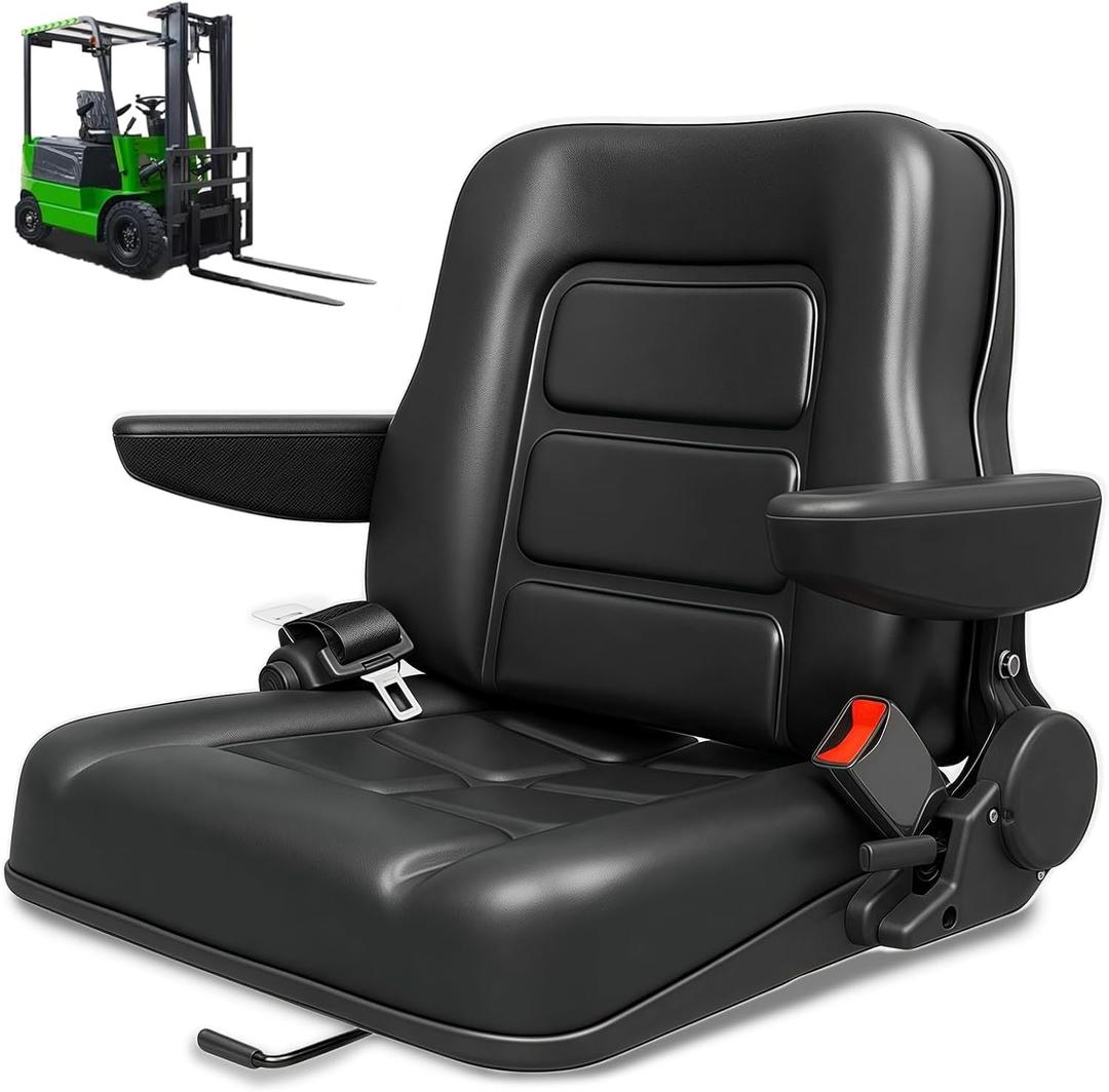 Universal Forklift Seat, Tractor Seat with with Adjustable Angle Back Armrest, Fold Down Tractor Seat with Safety Belt, for Excavator, Skid Steer, Dozer, Telehandler