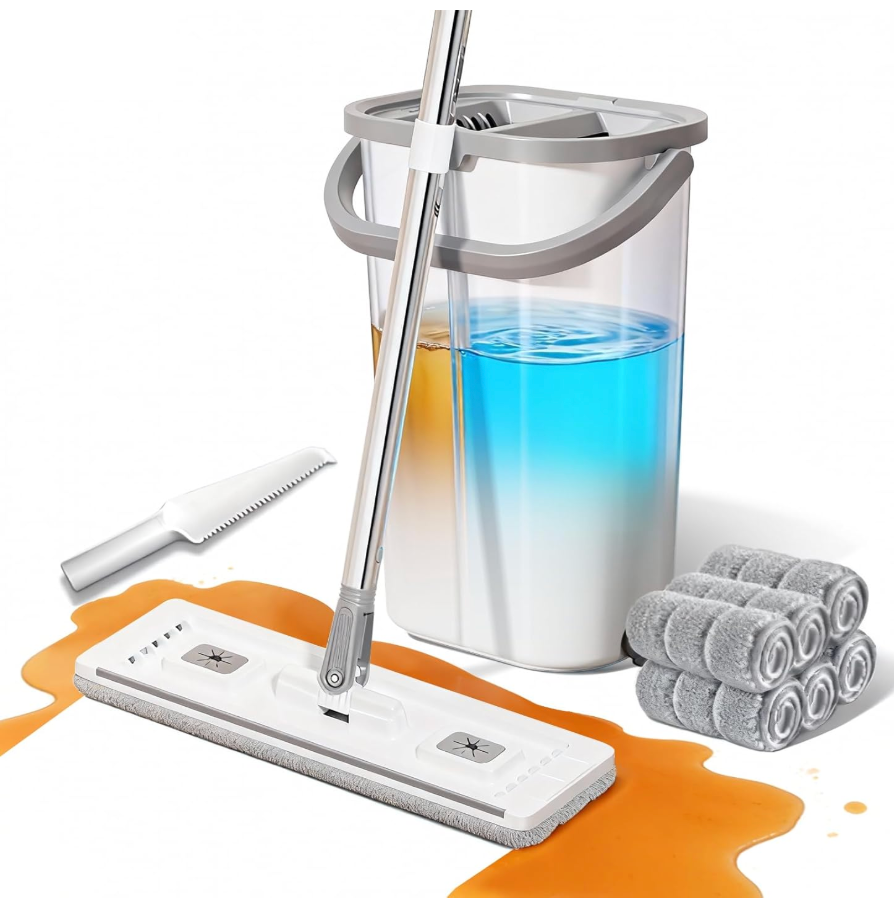 ZJSYJJ Mop and Bucket Set: 360° Flat Squeeze Mop with Long Handle & Wringer Bucket, 6 Washable Microfiber Pads for Kitchen, Bathroom, Wall Cleaning, Wet Dry Use, Lovely Gift for Women