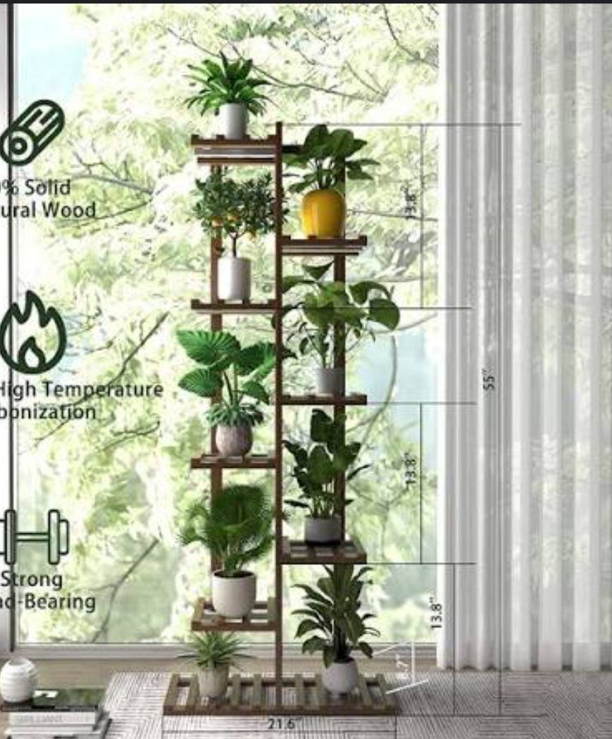 Solatmos Bamboo Plant Stand With Grow Lights Indoor Plants Outdoor Corner Plant Shelf Flower Stands for Living Room Patio Garden Corner Balcony (Brown, 8 Tier)