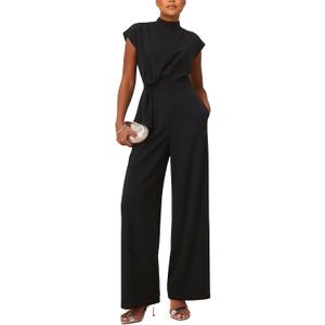 SheKiss Casual Elegant Jumpsuits For Women Dressy 2026 One Piece Short Sleeve Rompers Wide Leg Formal Business Outfits (Black, L)