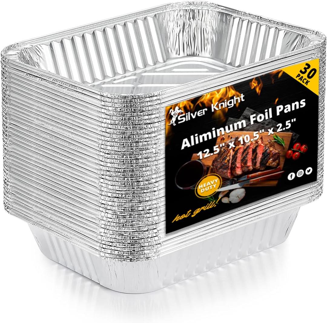 Silver Knight 9x13 Aluminum Pans Disposable Foil Pans (30-Pack), Half Size Deep Steam Table Pans Extra Thick for Baking, Cooking, Roasting, Heating