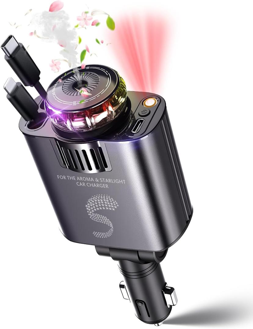 Retractable Car Charger USB C Fast Charging 120W, Car Accessories Cigarette Lighter Adapter with Aromatherapy Starlight, Car Charger iPhone16 15 14 13 12 11 Essentials Gifts for Traveler, Men, Women