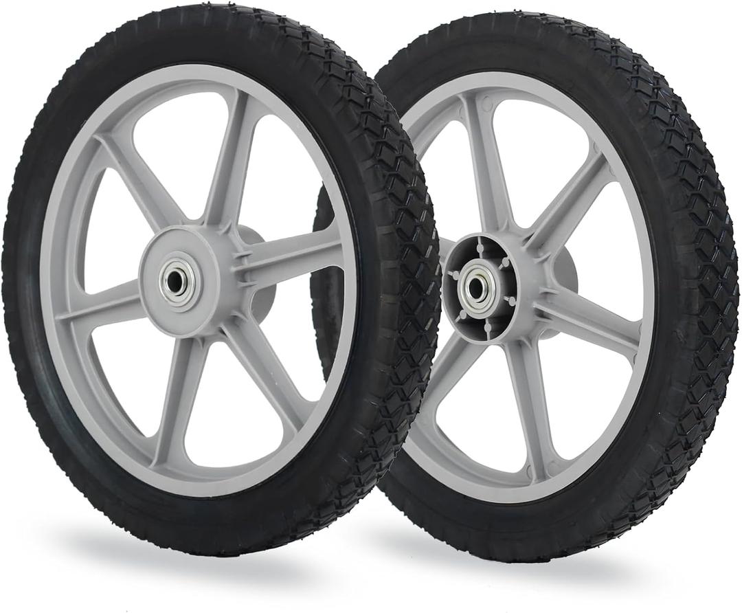 14 x 1.75'' Rubber Tire and Plastic Spoke Wheel, 2.5" Hub Length, 1/2" Axle Bore, for Lawn mower Trolley Dolly Wheel Replacement, Pack of 2 