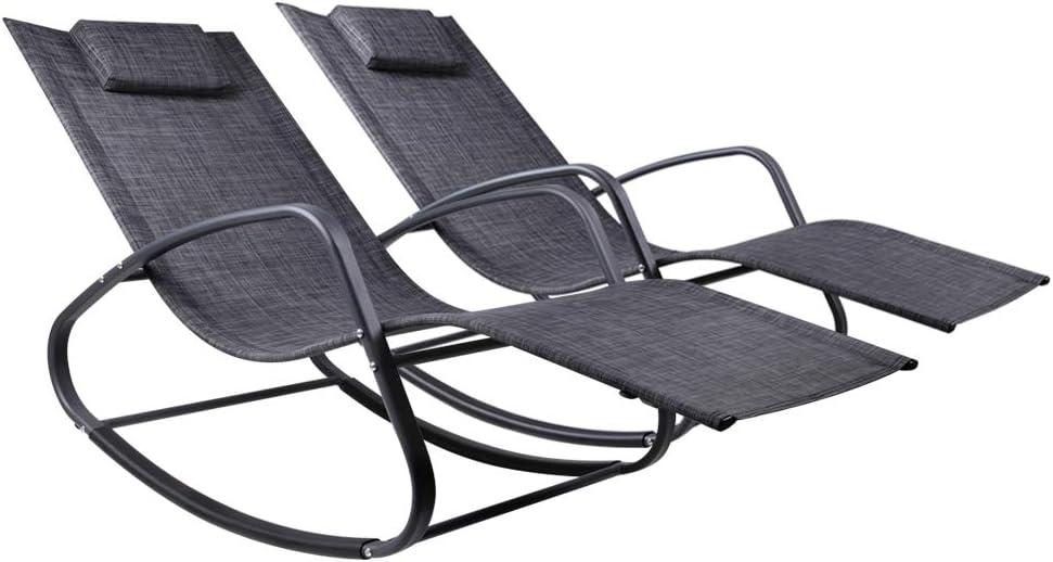 WeCooper Zero Gravity Rocking Chair, Patio Chaise for Indoor and Outdoor, Wavy Lounge Chair for Yard and Patio, Removable Headrest, Black and Grey, Twin Pack