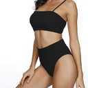 Pink Queen Women's Ribbed High Waisted Bikini Set Removable Strap Bandeau Swimsuit (Black, M)