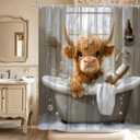 Highland Cow Shower Curtain Funny Bull in Bathtub Bubbles Western Rustic Farmhouse Cattle Cute Calf Wooden Board Watercolor Animal Bathroom Decor Polyester Curtains with Hooks,70Wx70L