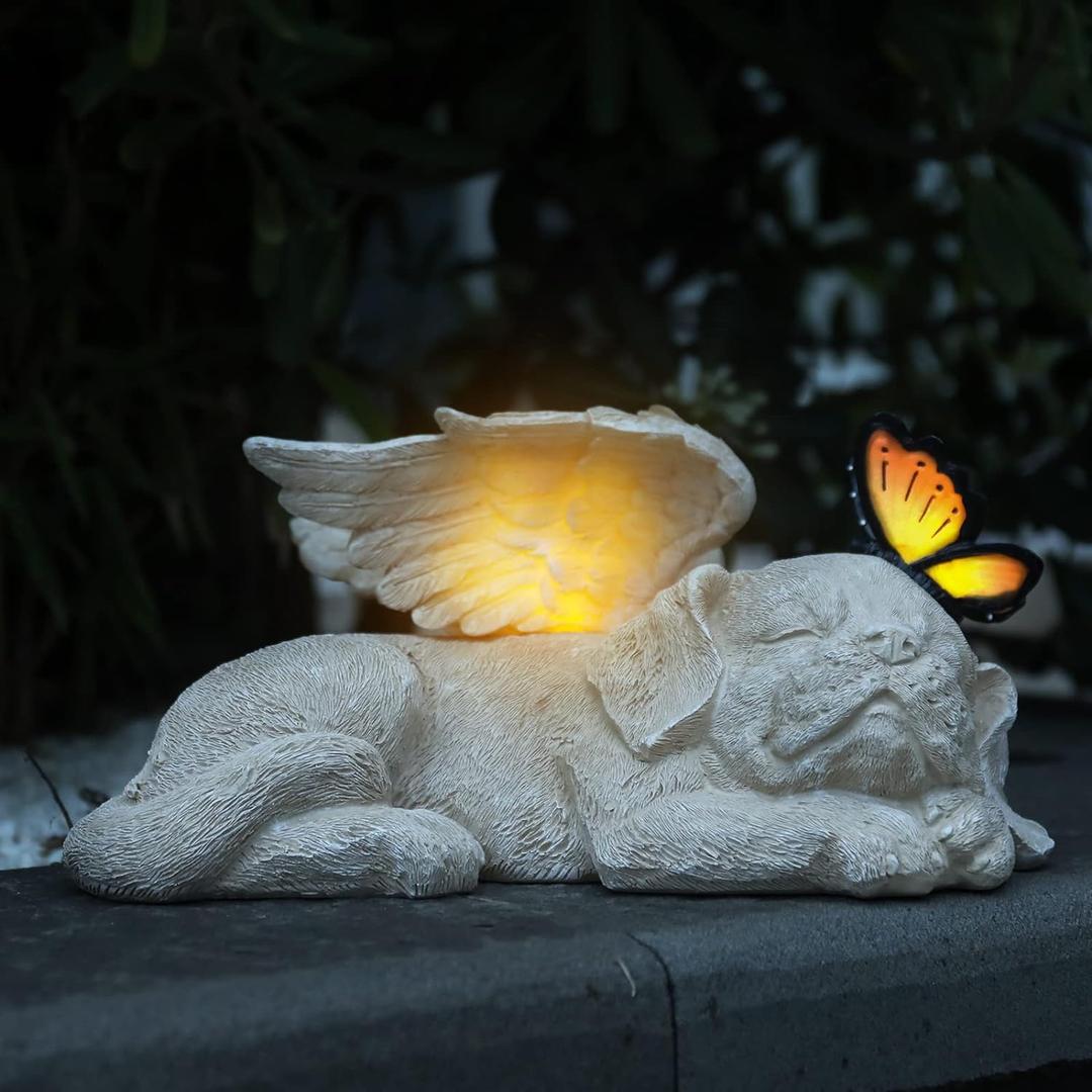 WONDER GARDEN Sleeping Dog Angel Statue with Solar Light - Pet Memorial Stone, in Memory of Dog, Marker Tribute Statues, Resin Guardian Angels, Bereavement Gift (Puppy)