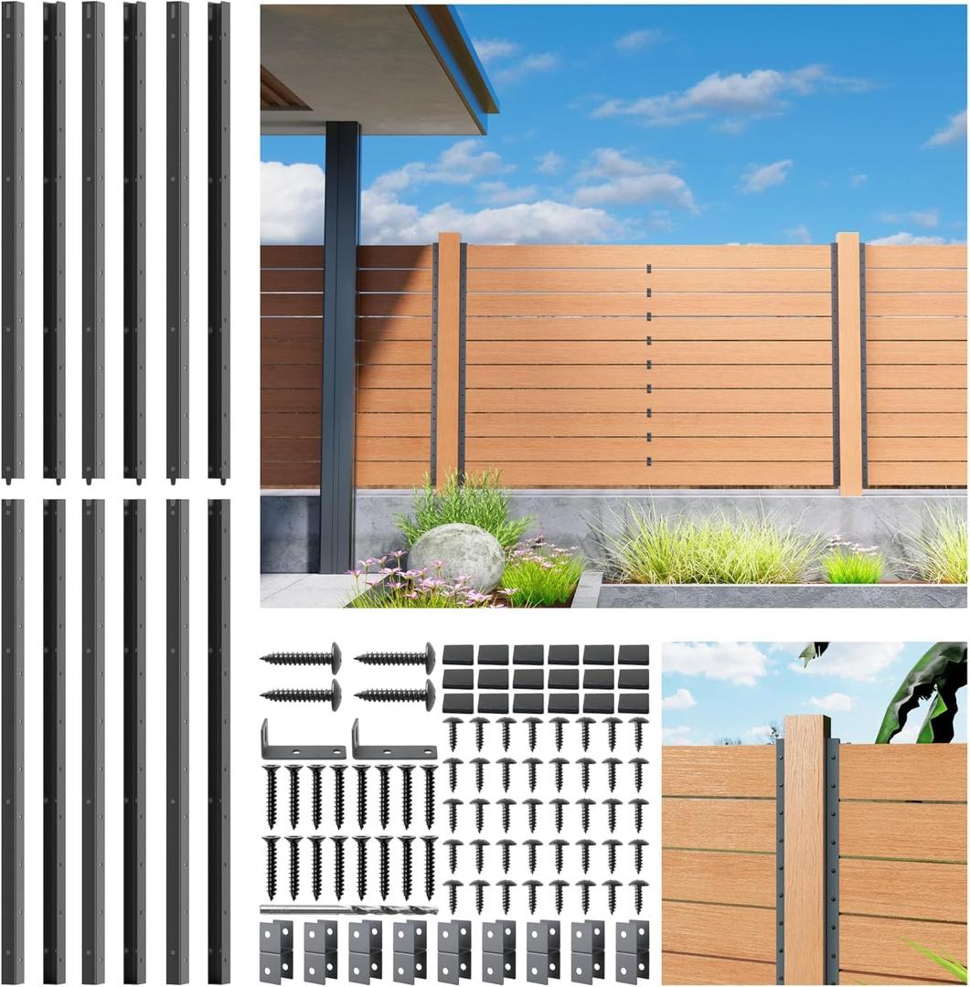 6FT No Dig Privacy Metal Fence Post for Wood Slat U-ShapeBlack Line Post Outdoor Privacy Fence Panels Butt-Joint 6Pack
